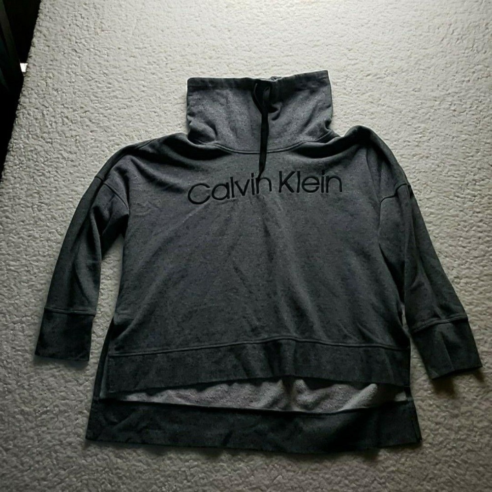 Calvin Klein Sweatshirt Womens XXL Gray Cowl Neck Fleece Pullover Logo Drawcord
